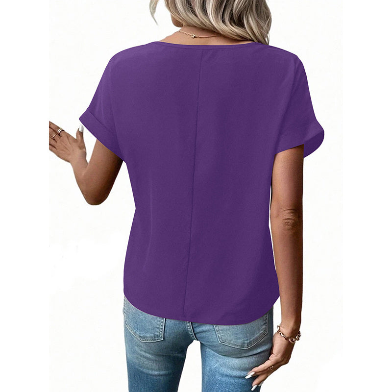 Women's V-Neck Zipper Top Solid Color Short Sleeve Blouse